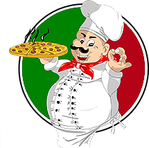 A cartoon of a chef holding a pizza.